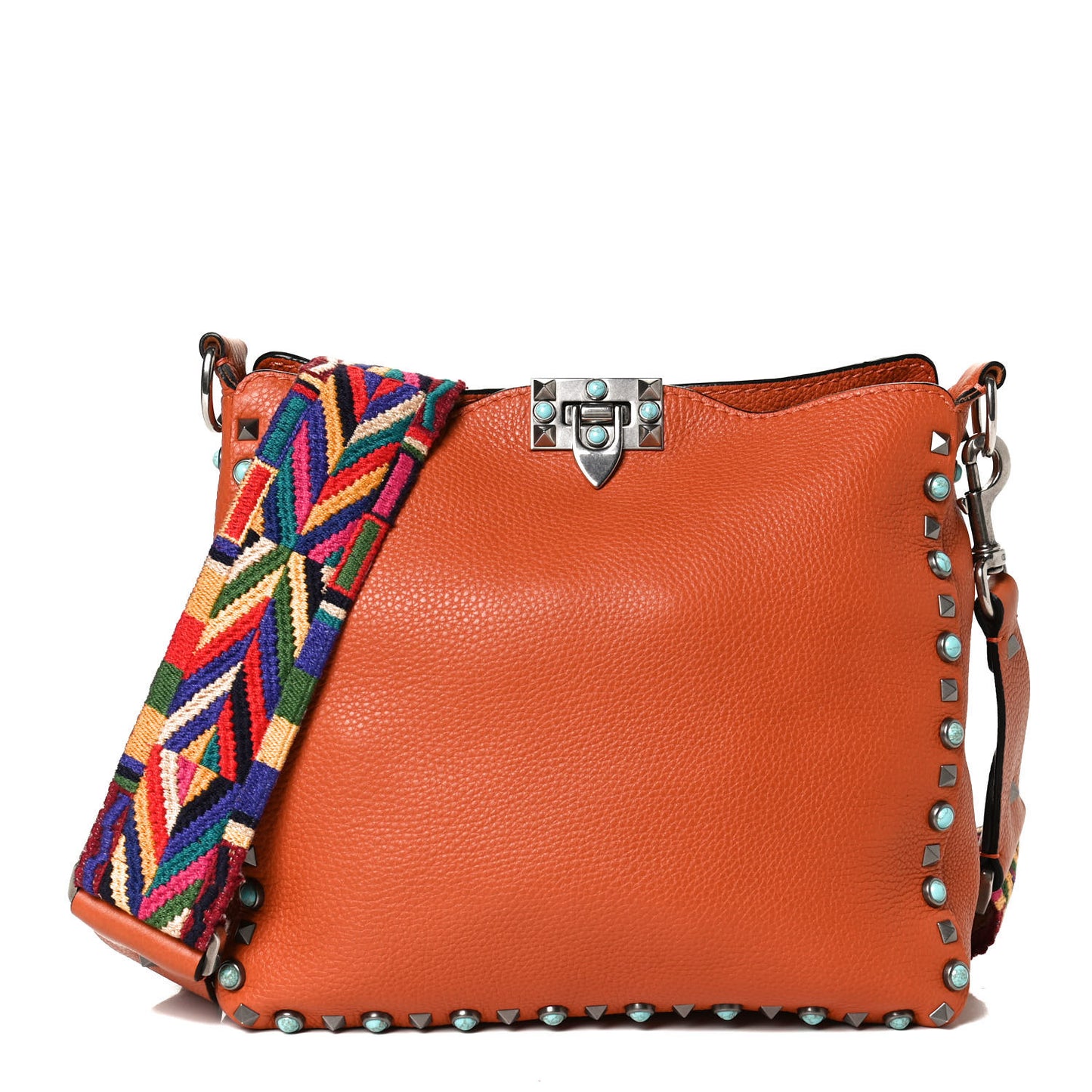 Pebbled Calfskin Small Guitar Strap Rockstud Rolling Flip-Lock Messenger Bag Orange