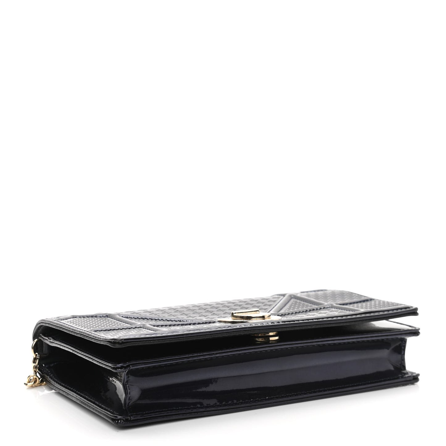 Metallic Patent Micro-Cannage Diorama Wallet on Chain Pouch Navy Blue
