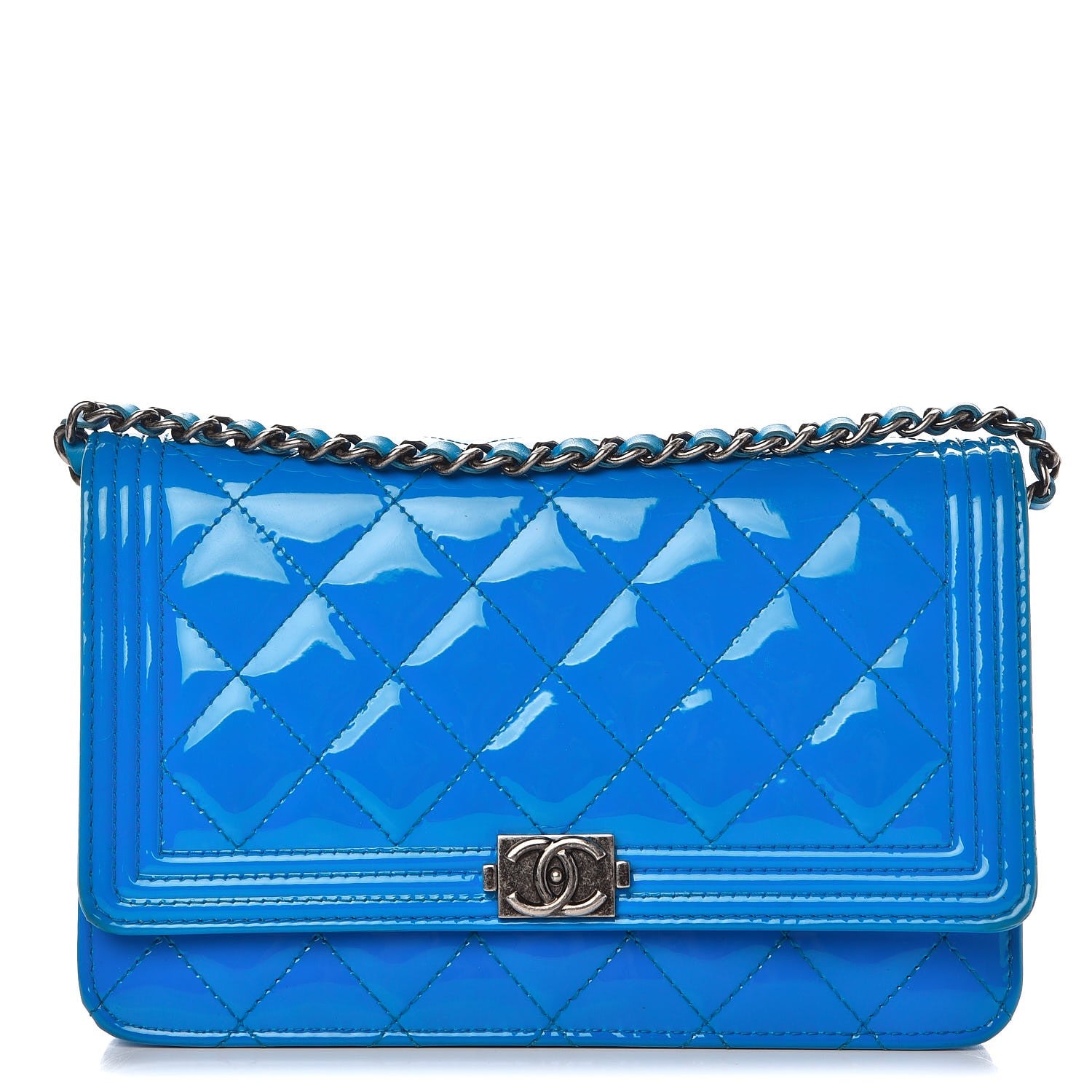 Chanel Patent Calfskin Quilted Boy Wallet On Chain WOC Blue 1 of 11