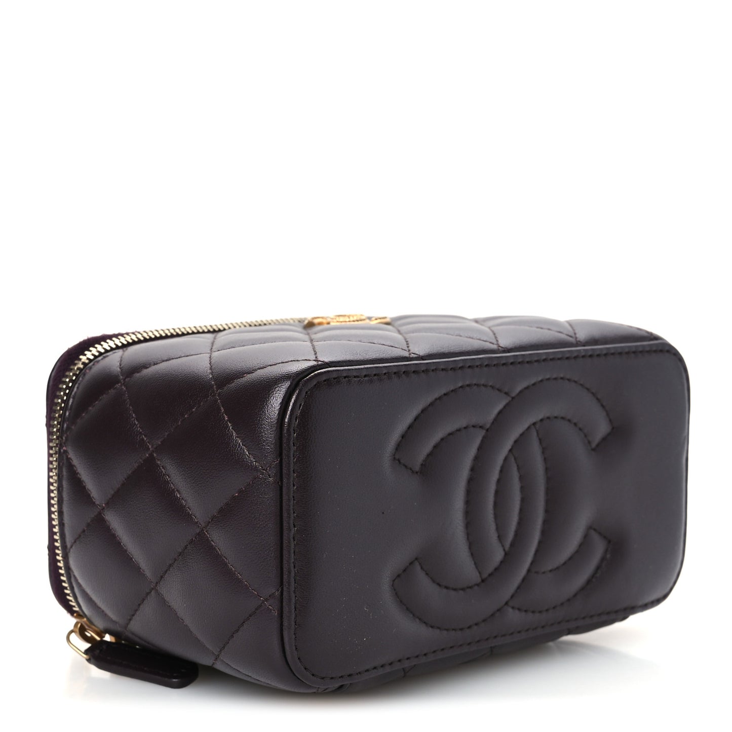 Lambskin Quilted Metal Twist Small Top Handle Vanity Case With Chain Burgundy