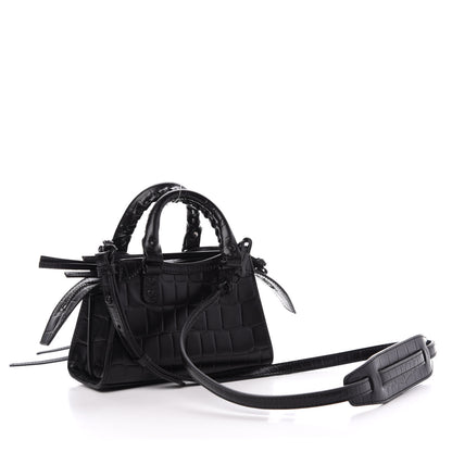 Balenciaga Semi Shiny Calfskin Crocodile Embossed Neo Classic Black Hardware Nano City Crossbody Black 3 of 9