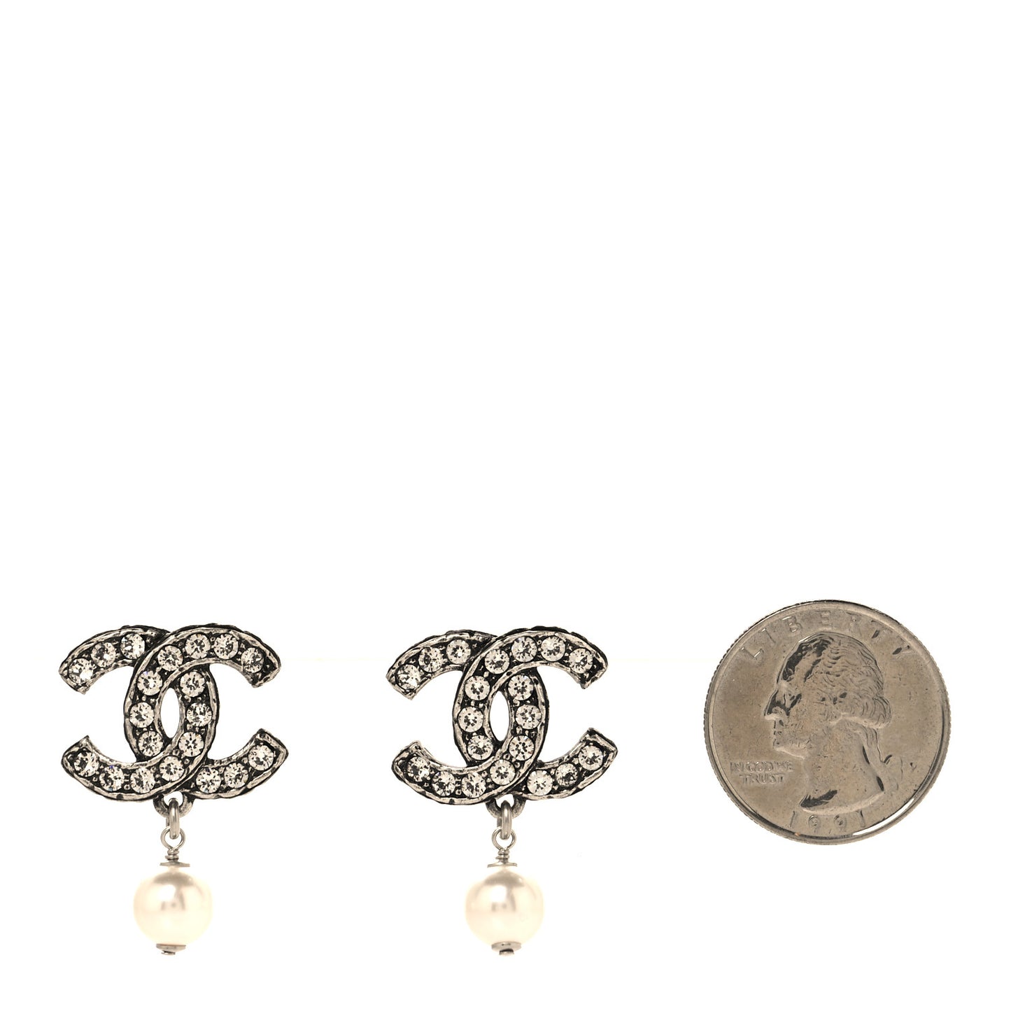 Pearl Crystal CC Drop Earrings Silver Pearly White