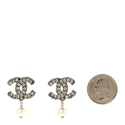 Chanel Pearl Crystal CC Drop Earrings Silver Pearly White 2 of 4