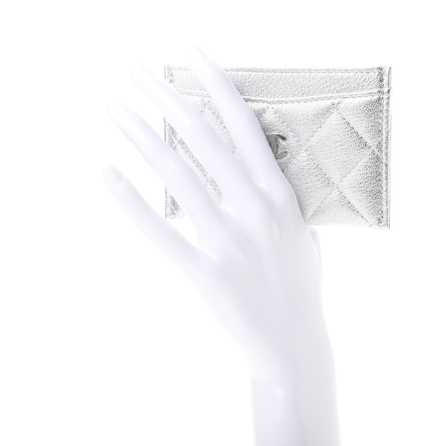 Metallic Lambskin Quilted Card Holder Silver