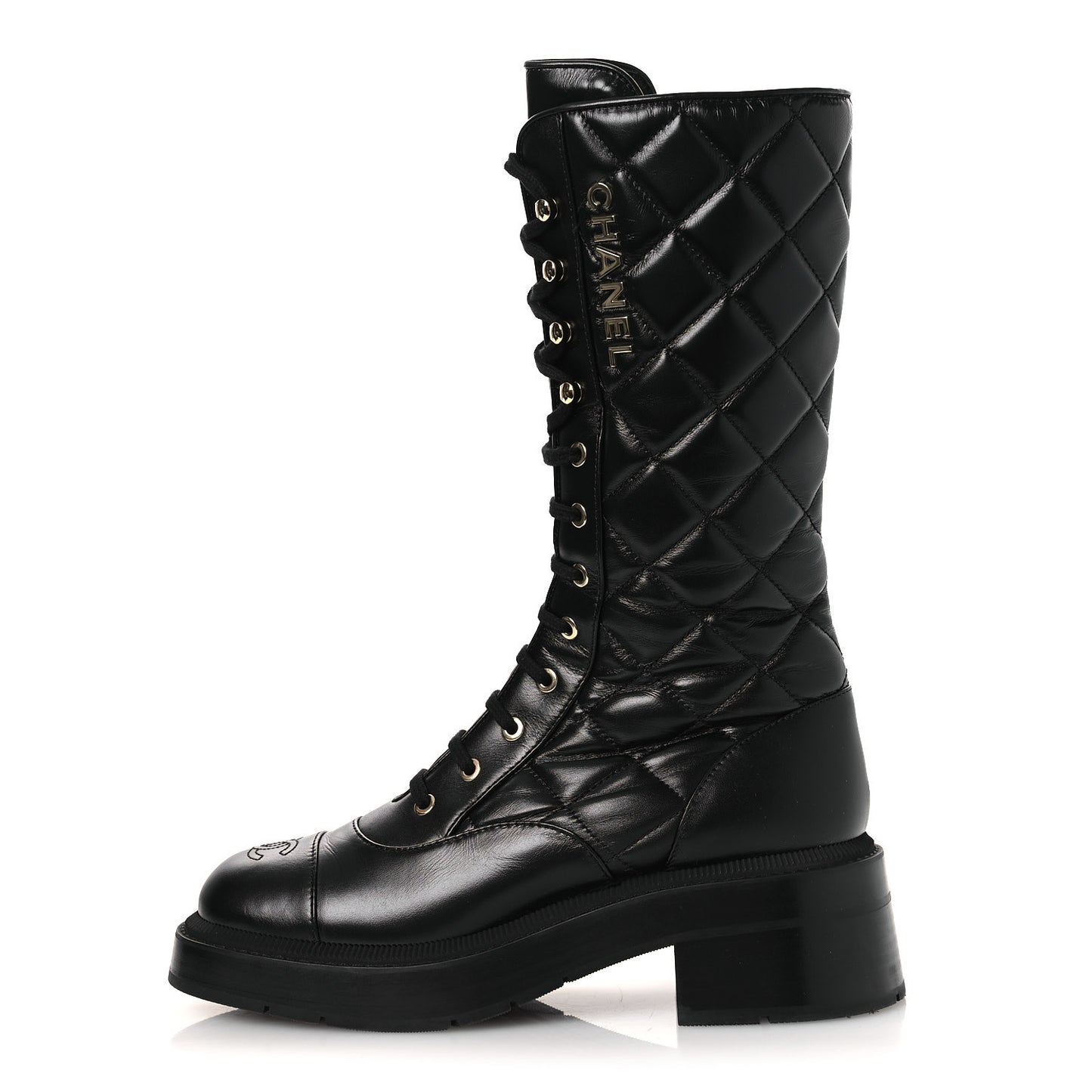 Calfskin Quilted Logo Lace Up Tall Combat Boots 39 Black