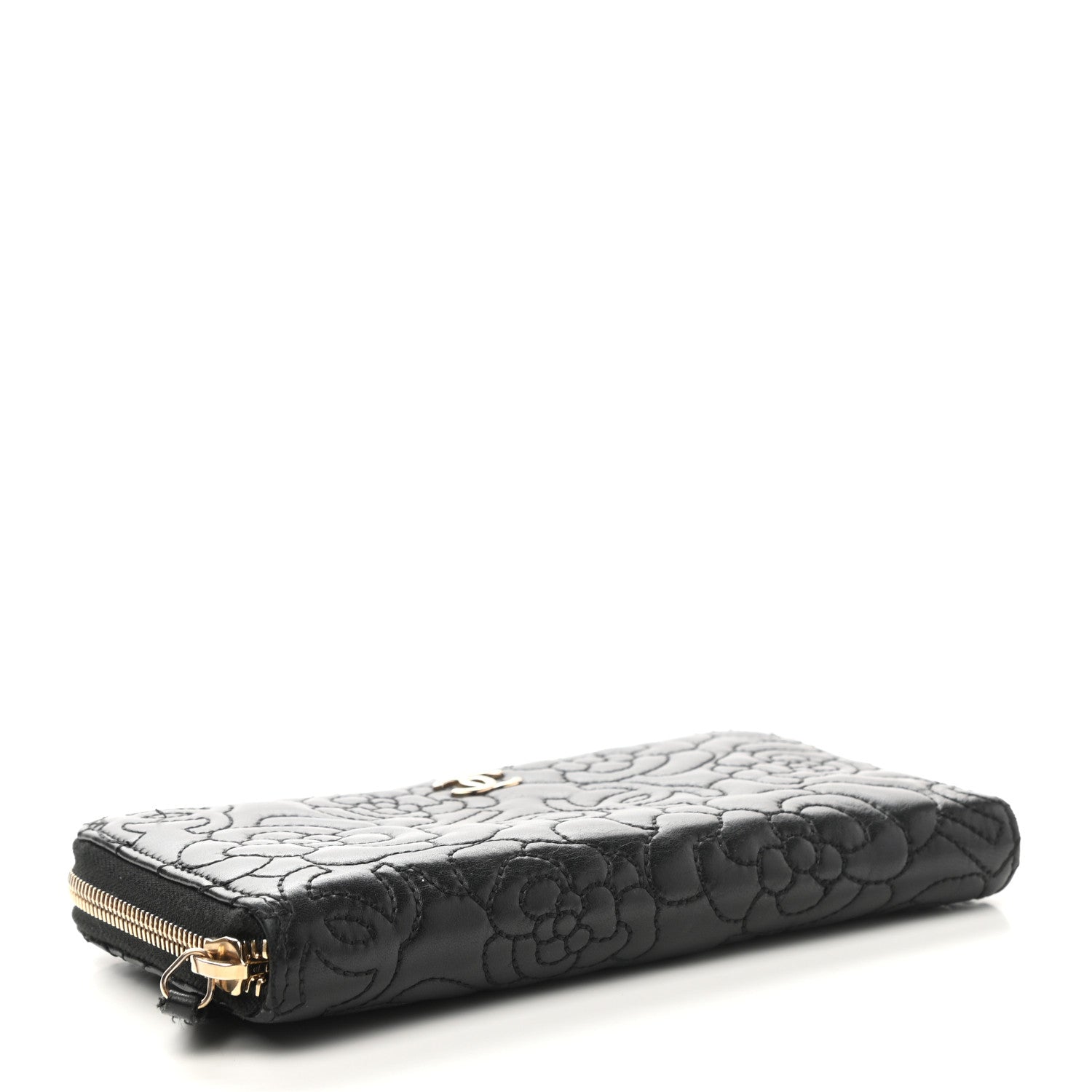 Chanel Lambskin Camellia Embossed Large Zip Around Gusset Wallet Black 4 of 10