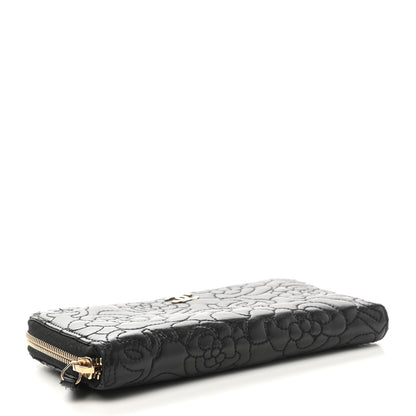 Chanel Lambskin Camellia Embossed Large Zip Around Gusset Wallet Black 4 of 10