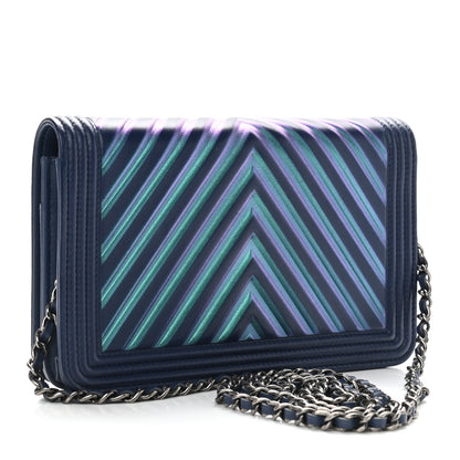 Chanel Calfskin Painted Chevron Embossed Boy Wallet On Chain WOC Navy 3 of 10