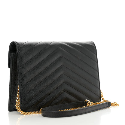 Saint Laurent Grain De Poudre Matelasse Chevron Monogram Envelope Chain Wallet Black 3 of 14