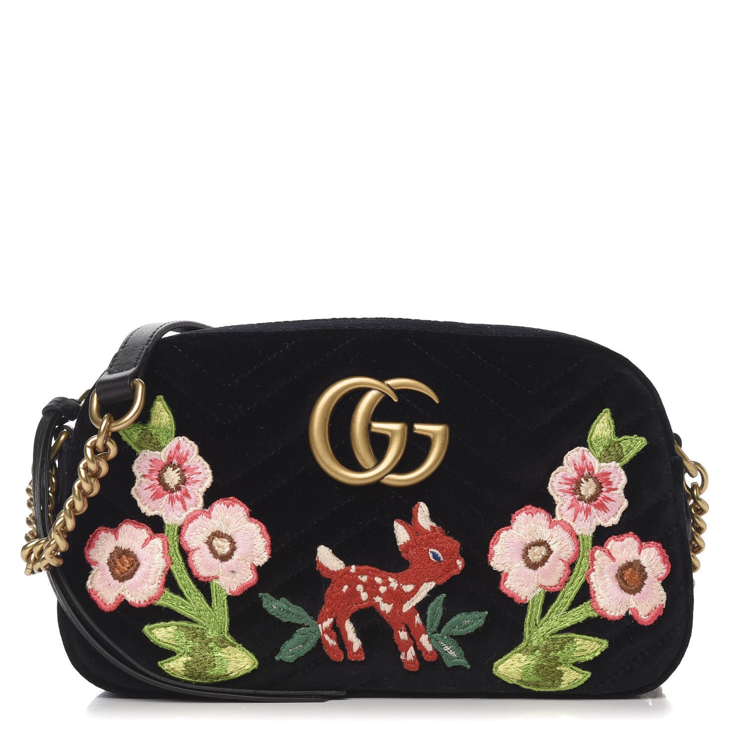 Gucci Velvet Matelasse Deer Embroidered Small GG Marmont Chain Shoulder Bag Black 1 of 9