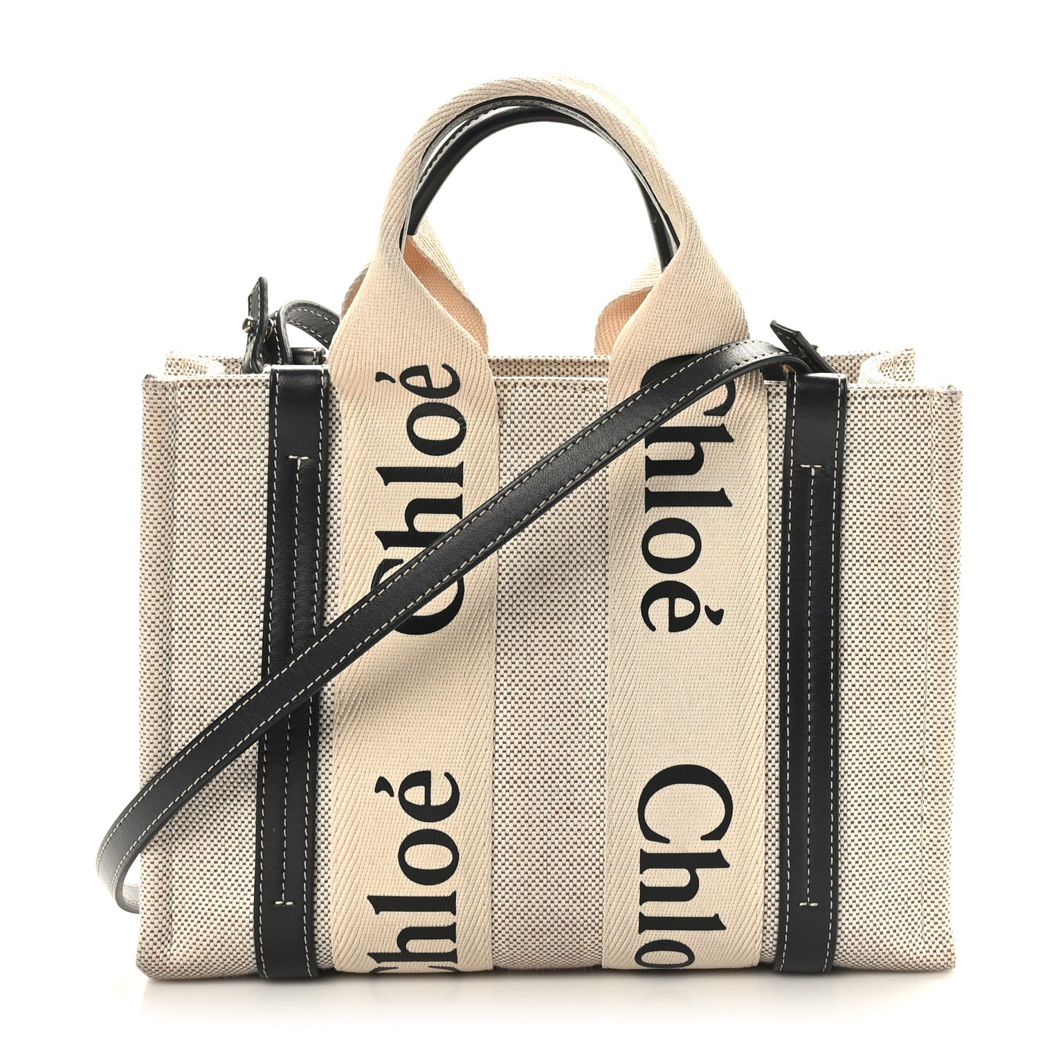Chloe Cotton Calfskin Small Woody Ribbon Tote With Strap White Navy 1 of 8