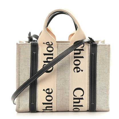 Chloe Cotton Calfskin Small Woody Ribbon Tote With Strap White Navy 1 of 8