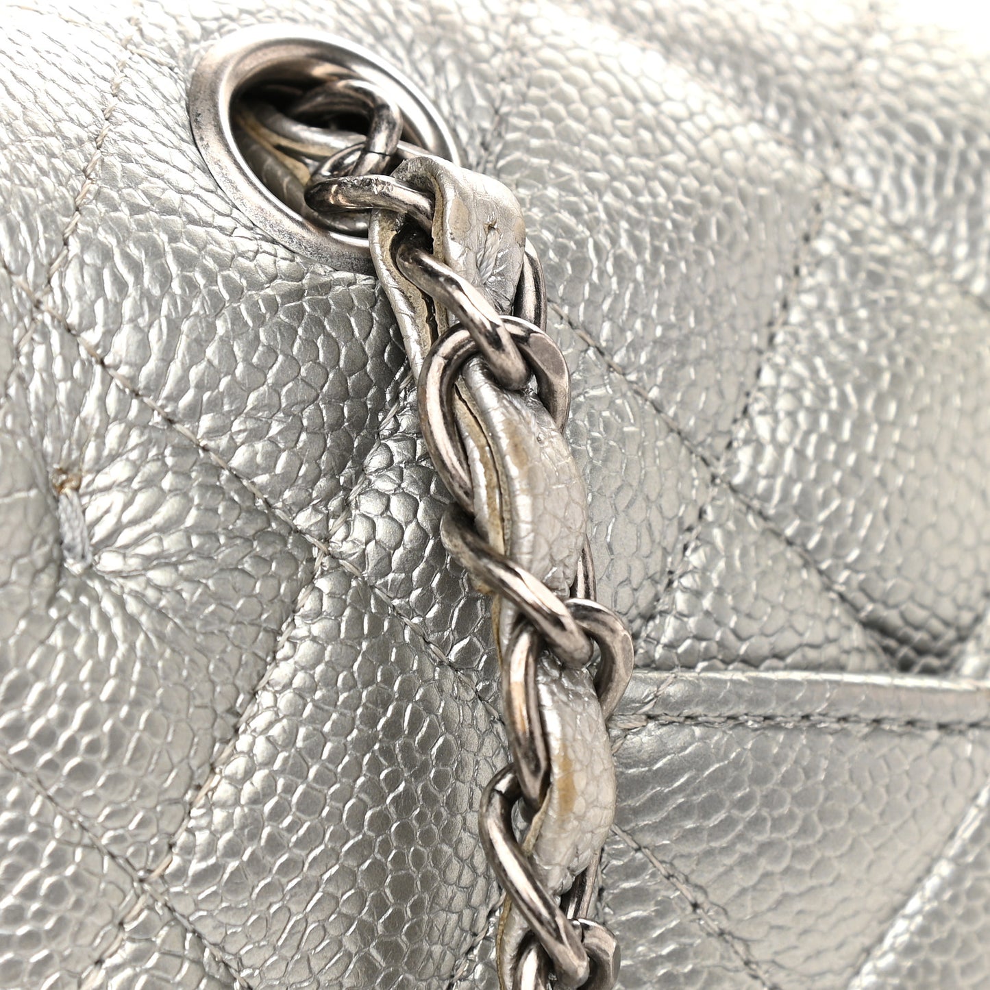 Metallic Caviar Quilted Medium Double Flap Silver