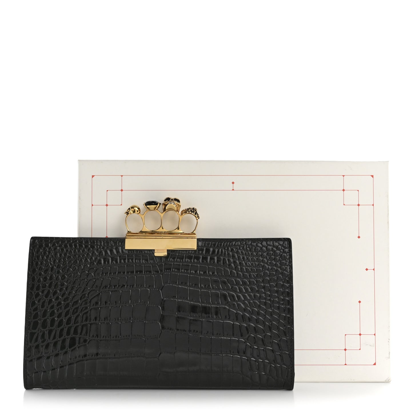Calfskin Crocodile Embossed Knuckle Flat Clutch Black Gold