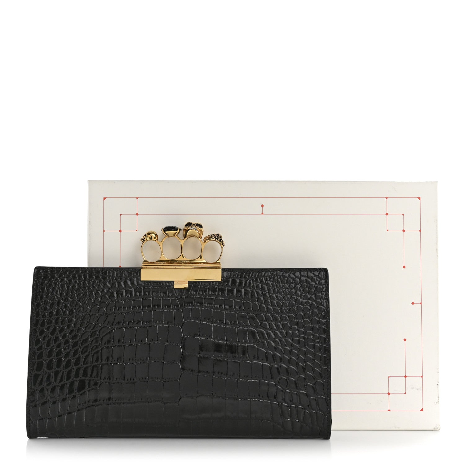 Alexander McQueen Calfskin Crocodile Embossed Knuckle Flat Clutch Black Gold 7 of 7