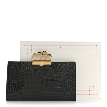 Alexander McQueen Calfskin Crocodile Embossed Knuckle Flat Clutch Black Gold 7 of 7