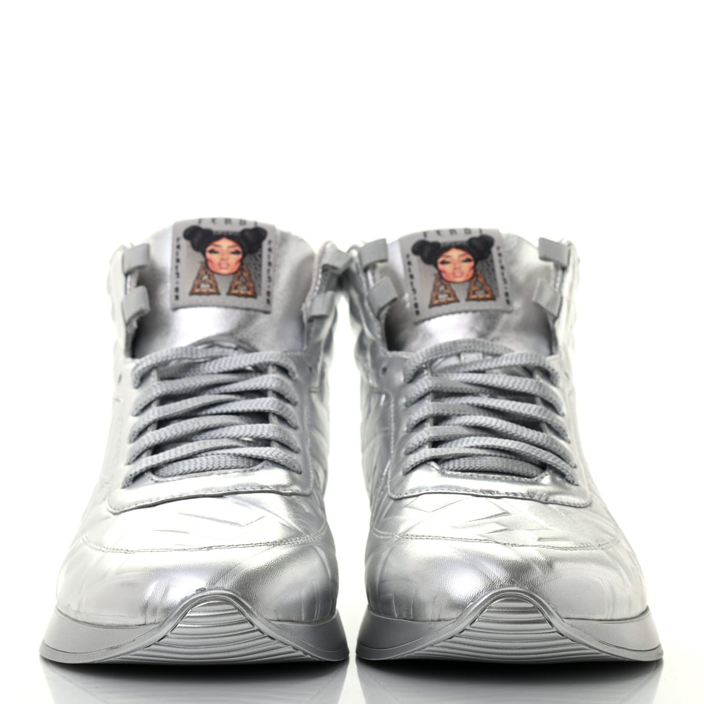 X NICKI MINAJ Metallic Nappa Macro FF Embossed Prints On High Top Sneakers 38 Silver