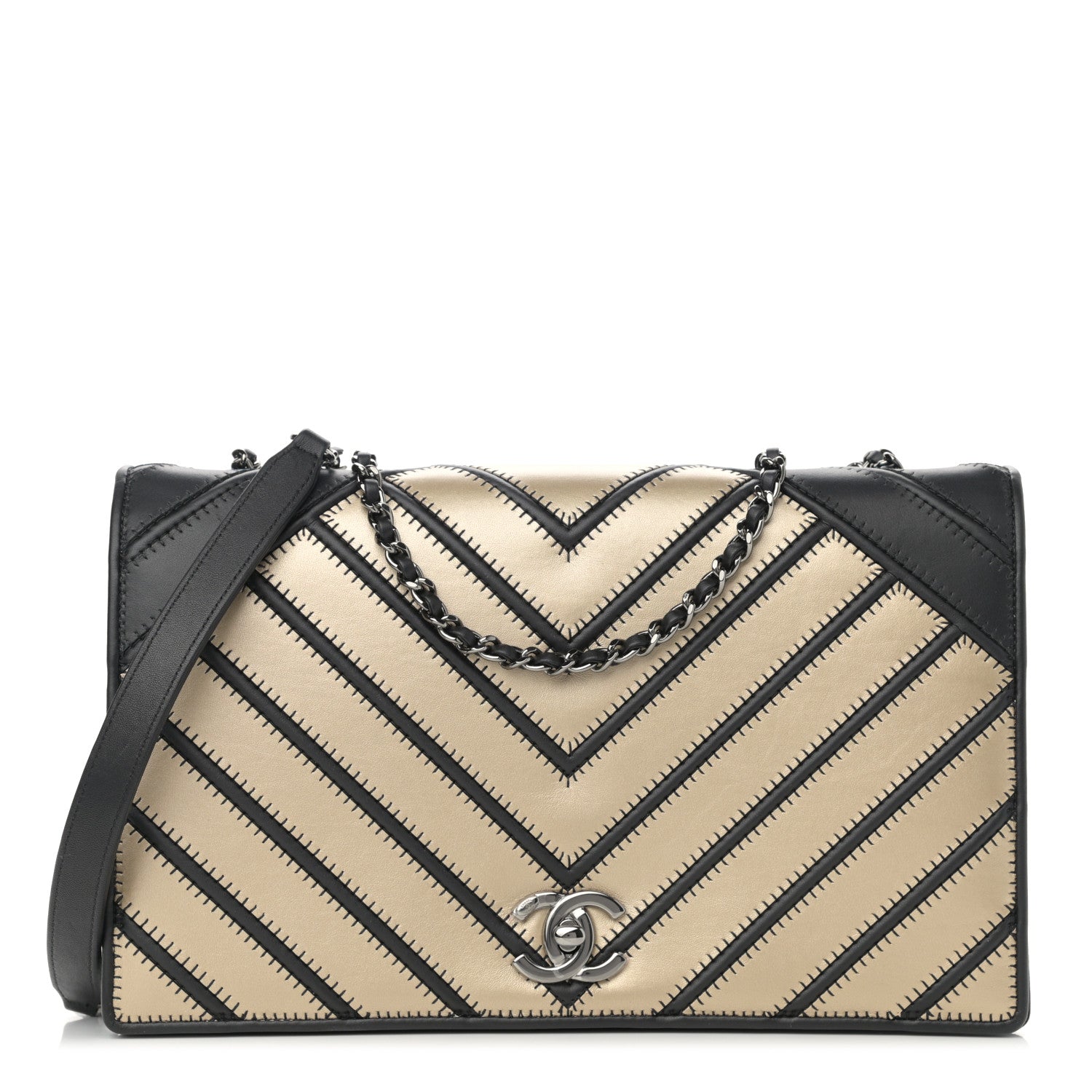 Chanel Grosgrain Chevron Quilted Couture Flap Black Gold 1 of 11