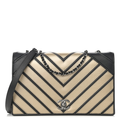Chanel Grosgrain Chevron Quilted Couture Flap Black Gold 1 of 11