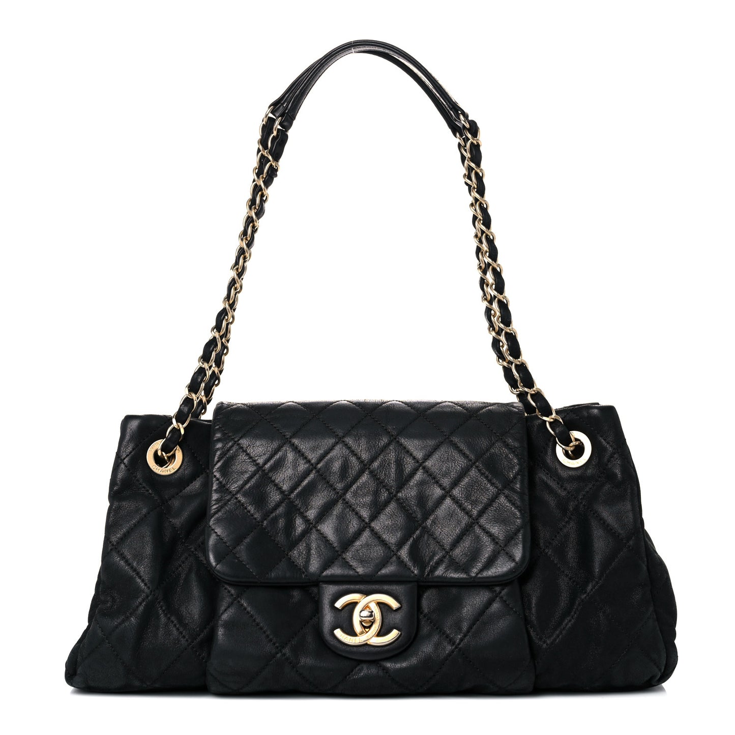 Iridescent Calfskin Medium Chic Quilt Flap Black