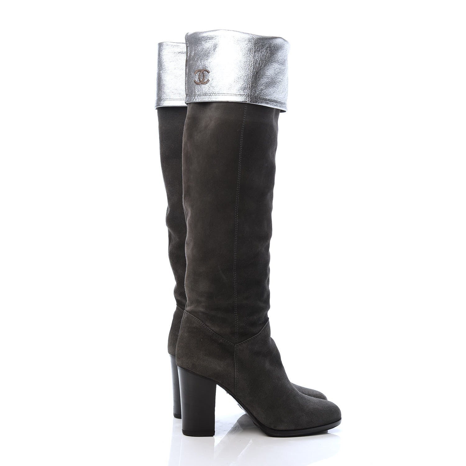 Chanel Kid Suede Metallic Lambskin CC Fold Over Knee High Boots 36.5 Grey 4 of 6