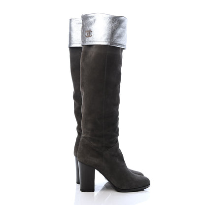 Chanel Kid Suede Metallic Lambskin CC Fold Over Knee High Boots 36.5 Grey 4 of 6