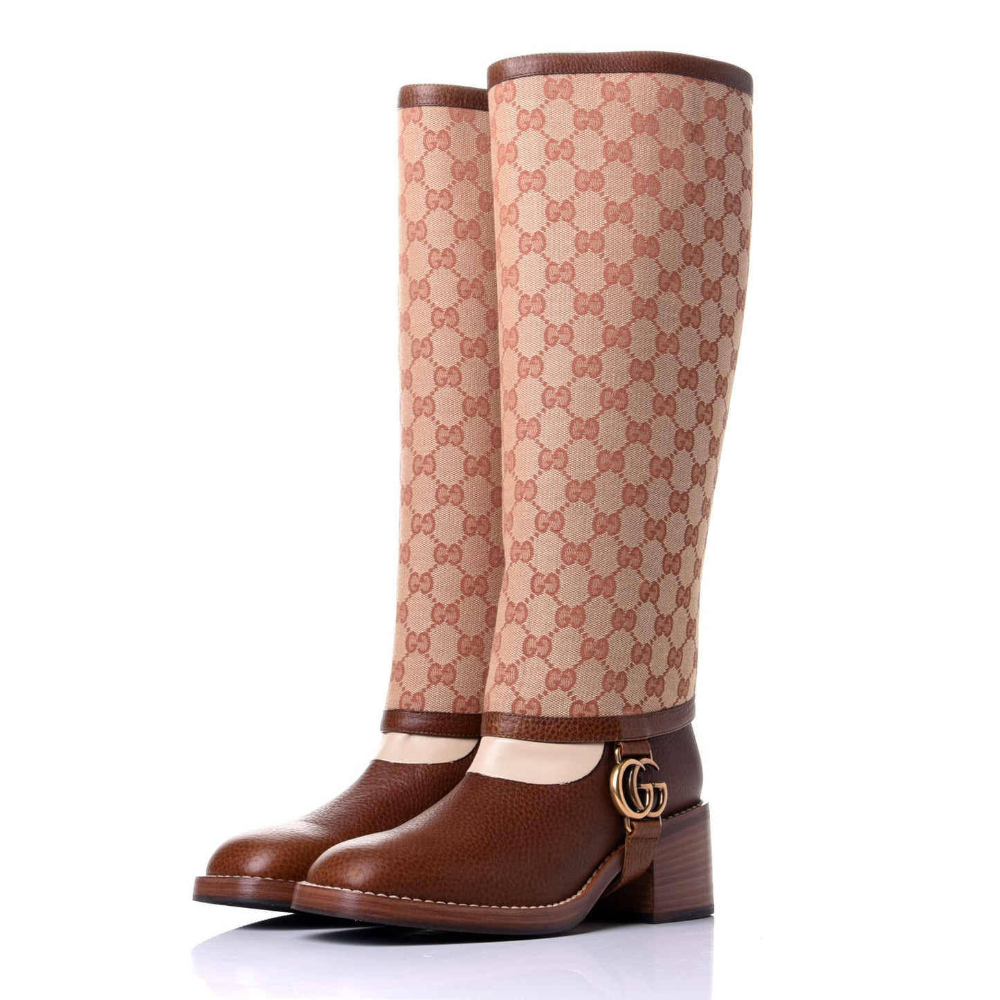 GG Monogram Calfskin Lola Tall Boots 37.5 Beige Ruggine Cuir