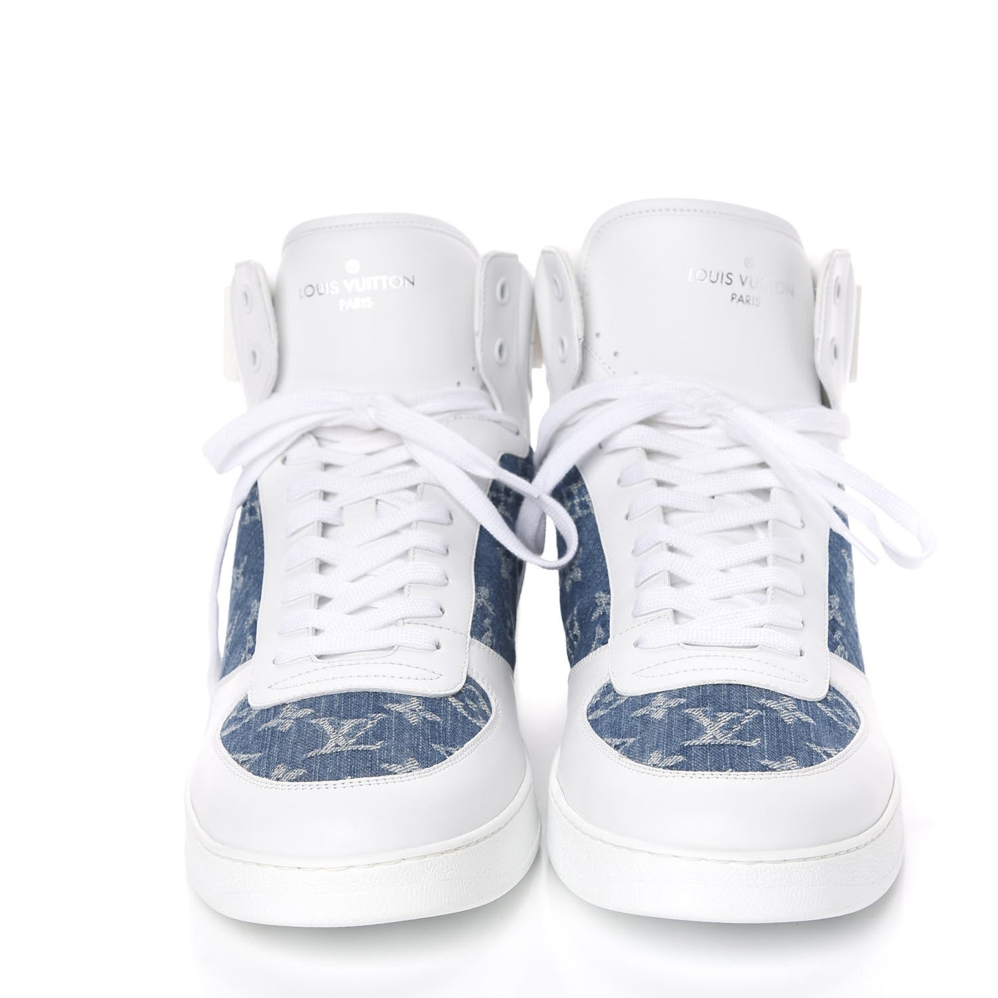 Calfskin Monogram Denim Rivoli High Top Sneakers 11.5 White