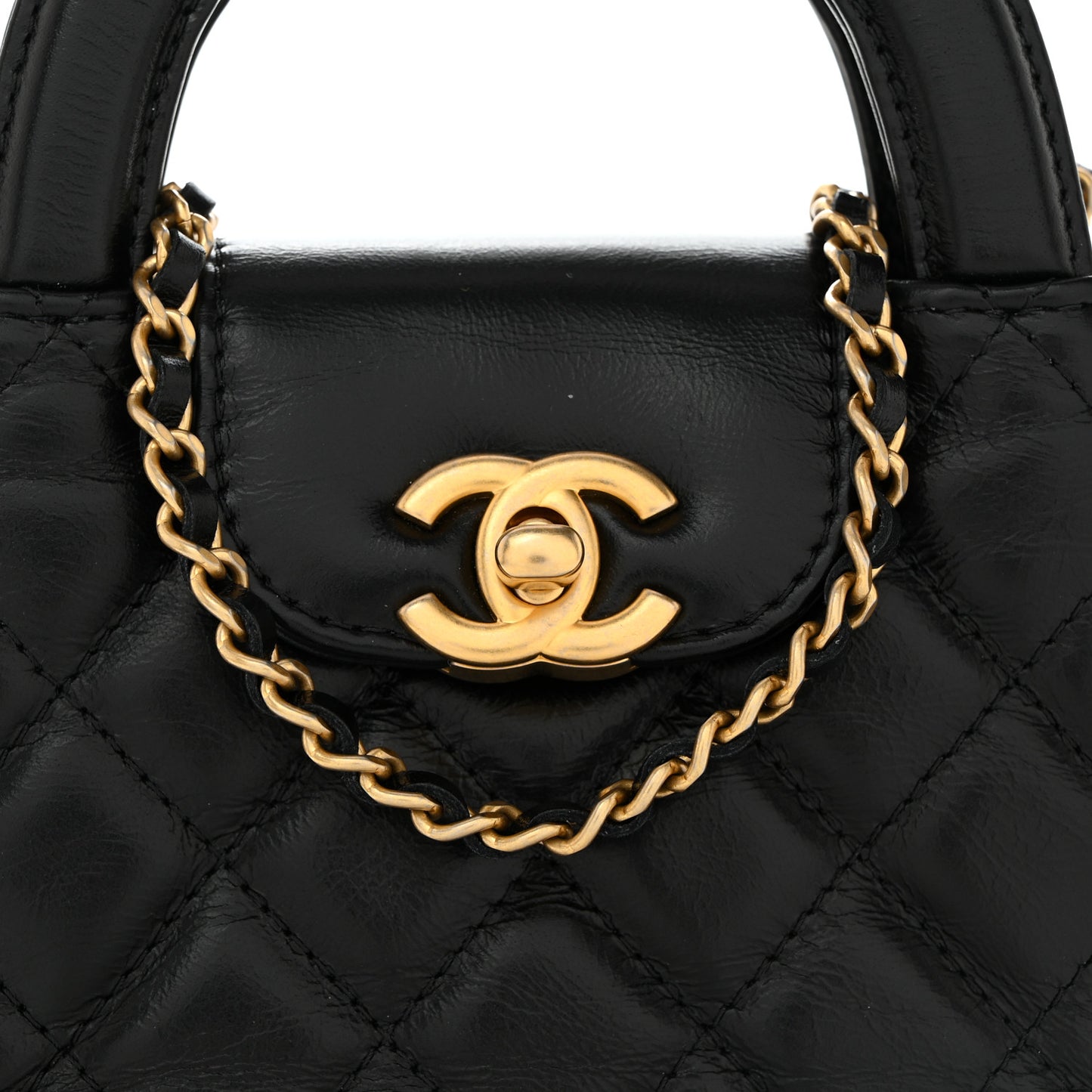 Shiny Aged Calfskin Quilted Mini Nano Kelly Shopper Black