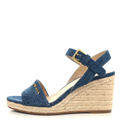 Prada Denim Logo Espadrille 70mm Wedge Sandals 36 Bleu 1 of 8