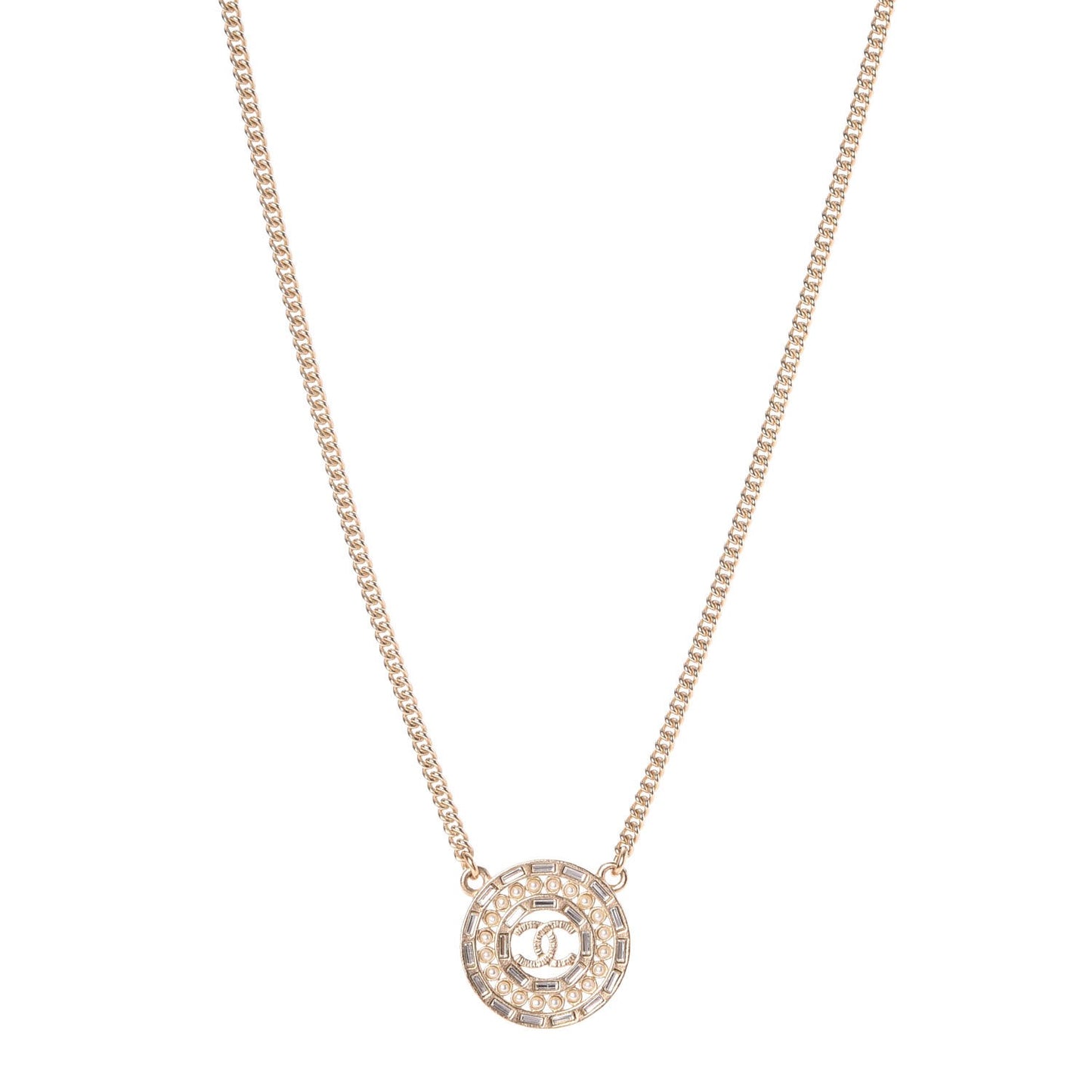Crystal Pearl CC Medallion Necklace Light Gold