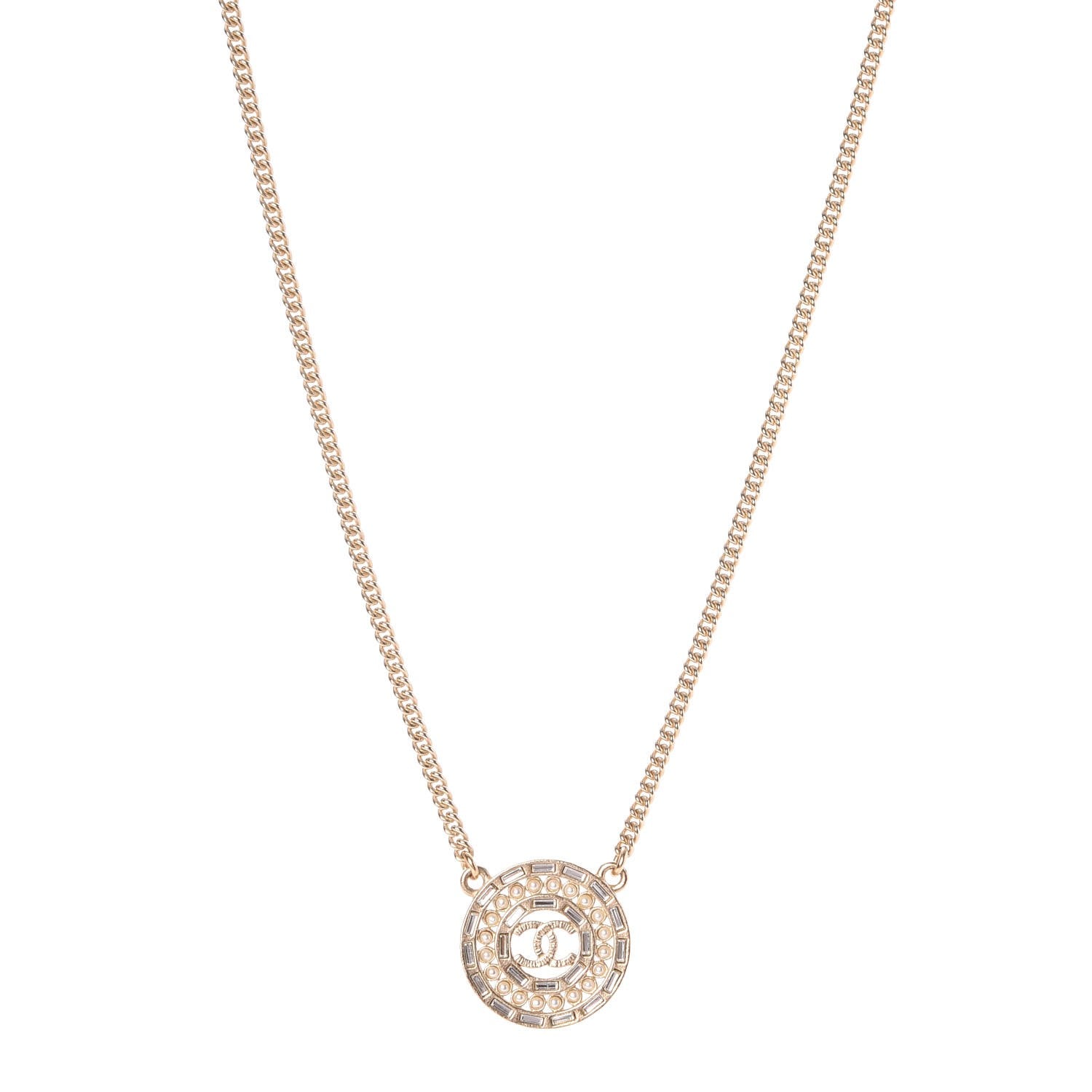 Chanel Crystal Pearl CC Medallion Necklace Light Gold 1 of 5