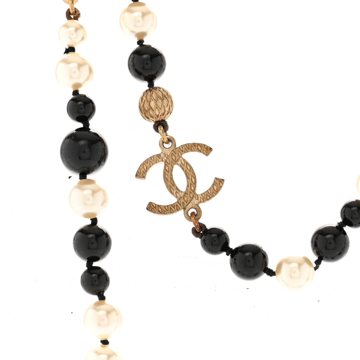 Chanel Metal Pearl Beaded Textured CC Long Necklace Gold Black White 4 of 6