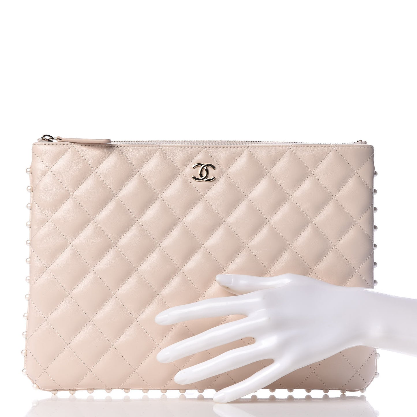 Calfskin Quilted Pearl Medium Cosmetic Case Beige