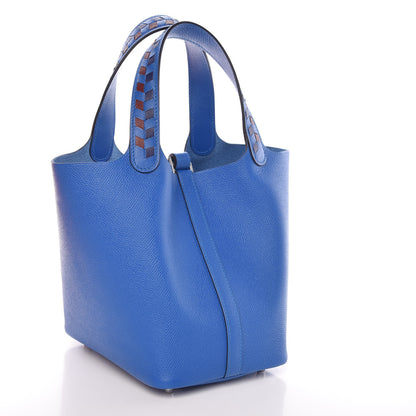 Hermes Epsom Tressage De Cuir Picotin Lock 18 PM Bleu Zellige Bleu Encre Rouge 3 of 9