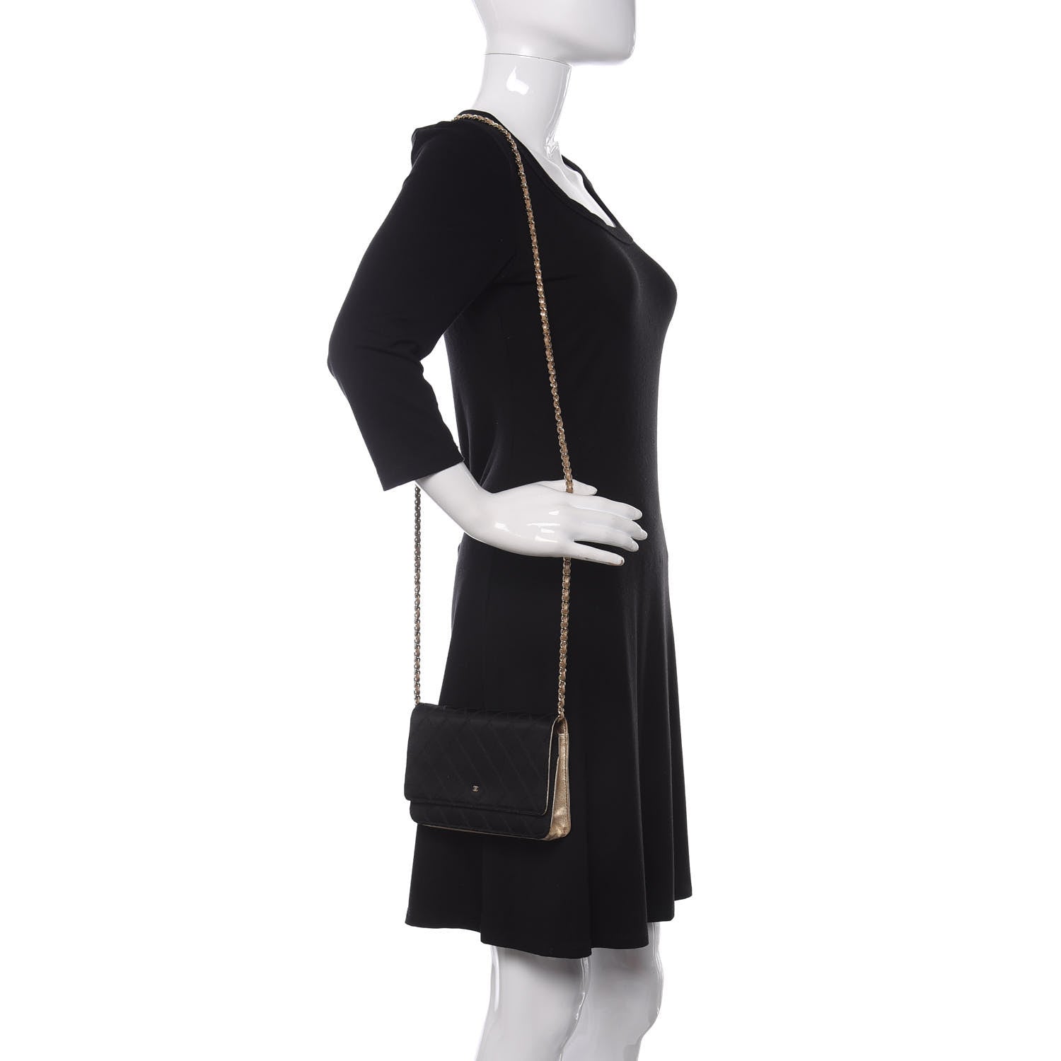 Chanel Satin Diamond Stitch Wallet On Chain WOC Black Gold 2 of 12