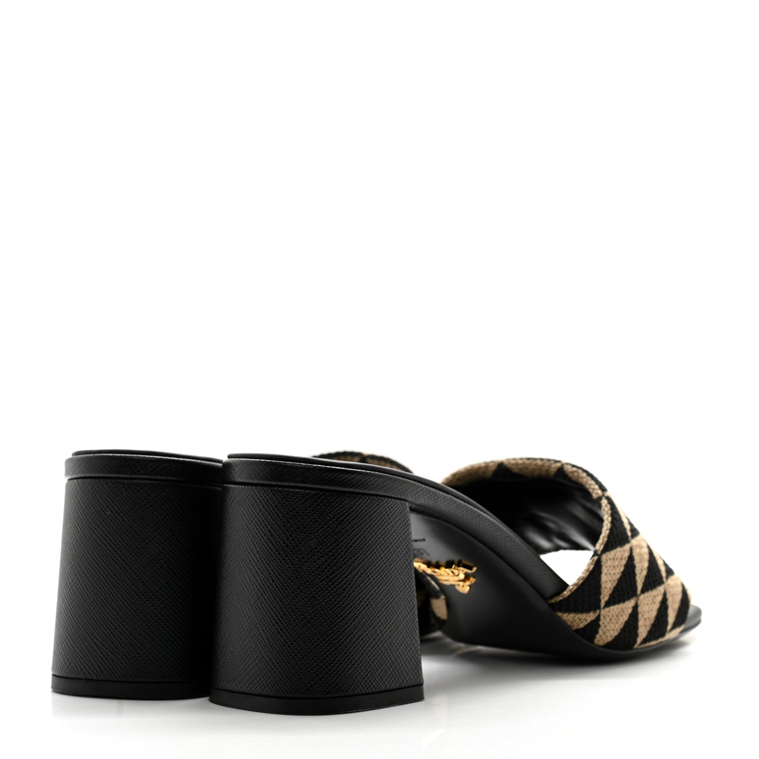 Prada Jacquard Trianglolo Symbole Embroidered Metal Triangle Logo 65mm Block Heel Slide Sandals 37 Black Beige 4 of 7