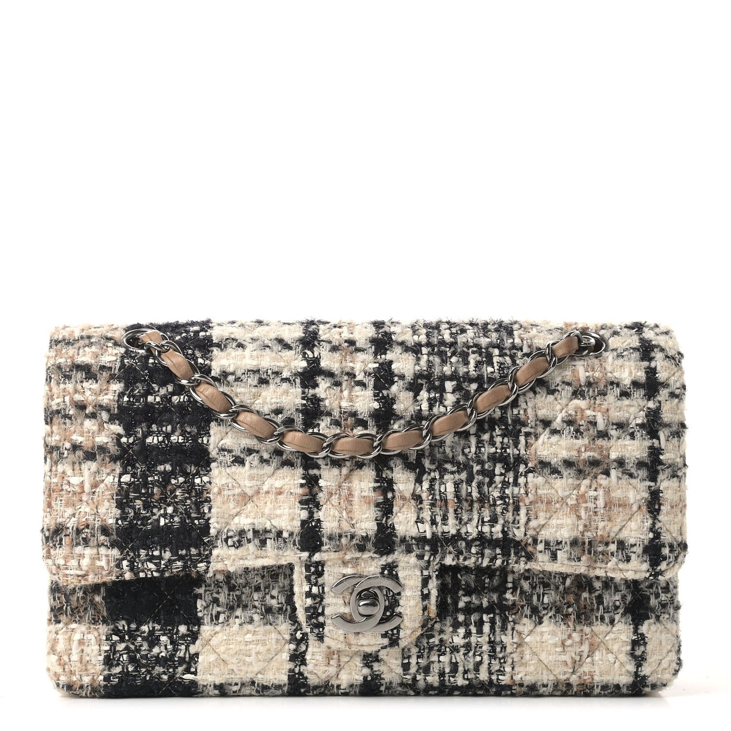 Tweed Quilted Medium Double Flap Beige White Black