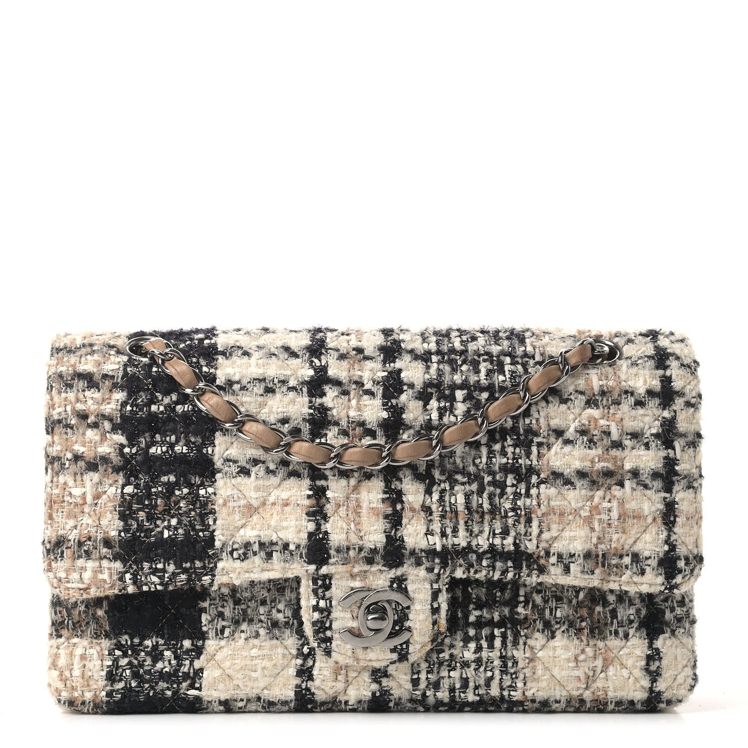 Chanel Tweed Quilted Medium Double Flap Beige White Black 1 of 12