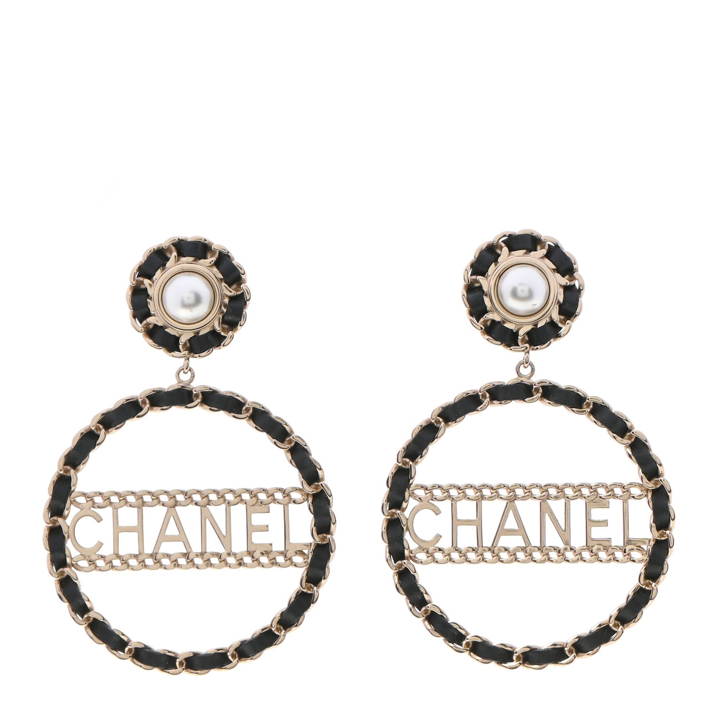 Pearl Lambskin Chain Logo Hoop Clip On Earrings Black Gold