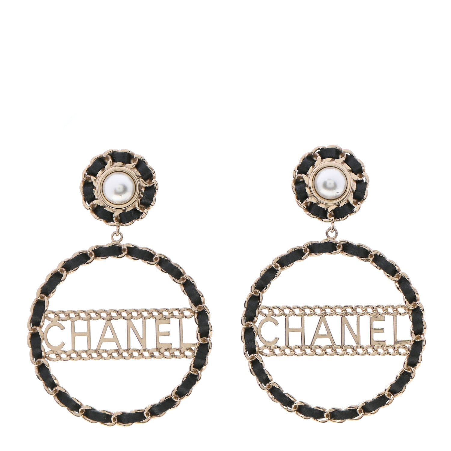 Chanel Pearl Lambskin Chain Logo Hoop Clip On Earrings Black Gold 1 of 4