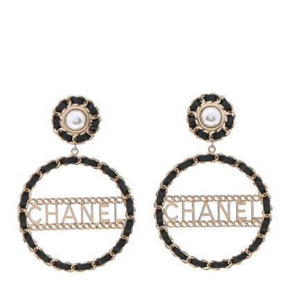 Chanel Pearl Lambskin Chain Logo Hoop Clip On Earrings Black Gold 1 of 4