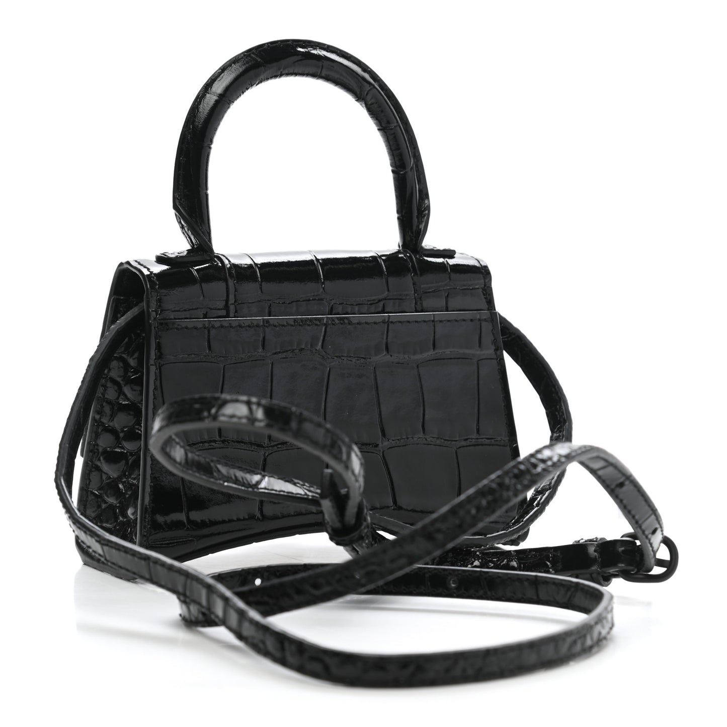 Shiny Calfskin Monochrome Crocodile Embossed Hourglass Top Handle Bag Mini Black