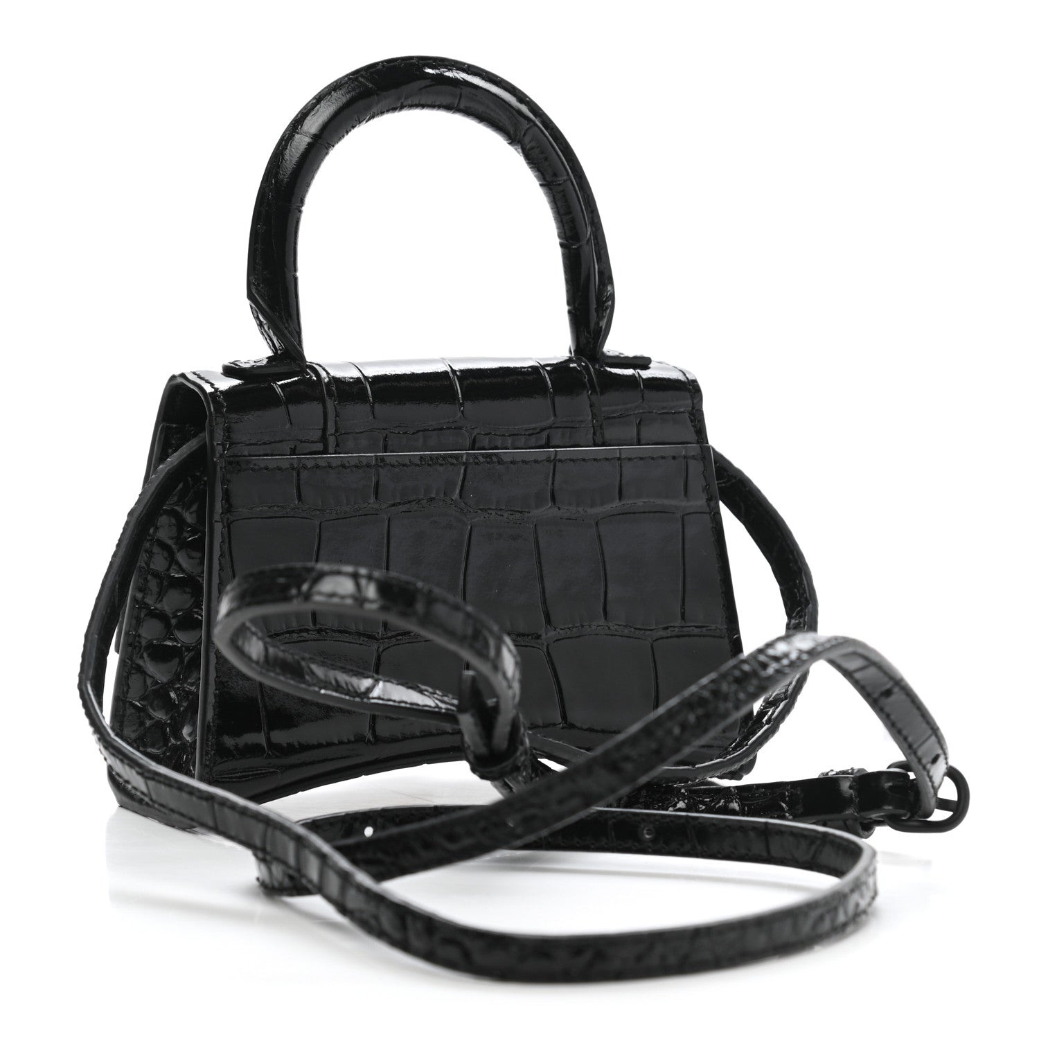 Balenciaga Shiny Calfskin Monochrome Crocodile Embossed Hourglass Top Handle Bag Mini Black 3 of 10