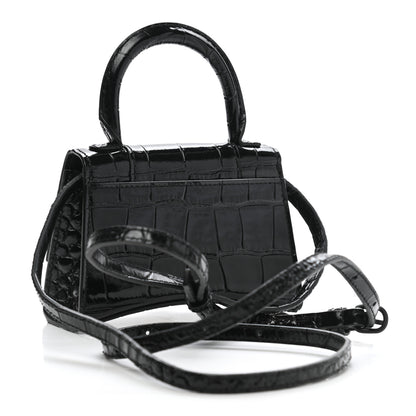 Balenciaga Shiny Calfskin Monochrome Crocodile Embossed Hourglass Top Handle Bag Mini Black 3 of 10