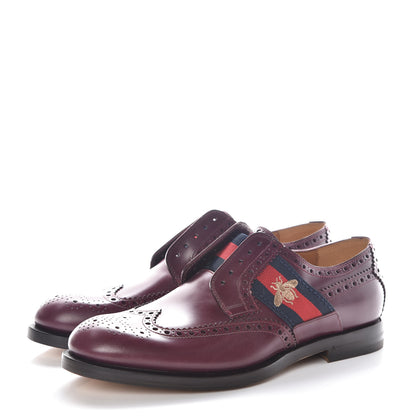 Gucci Calfskin Web Bee Embroidered Mens Slip-On Brogue Wingtip Derby Shoes 6.5 Bordeaux 3 of 9
