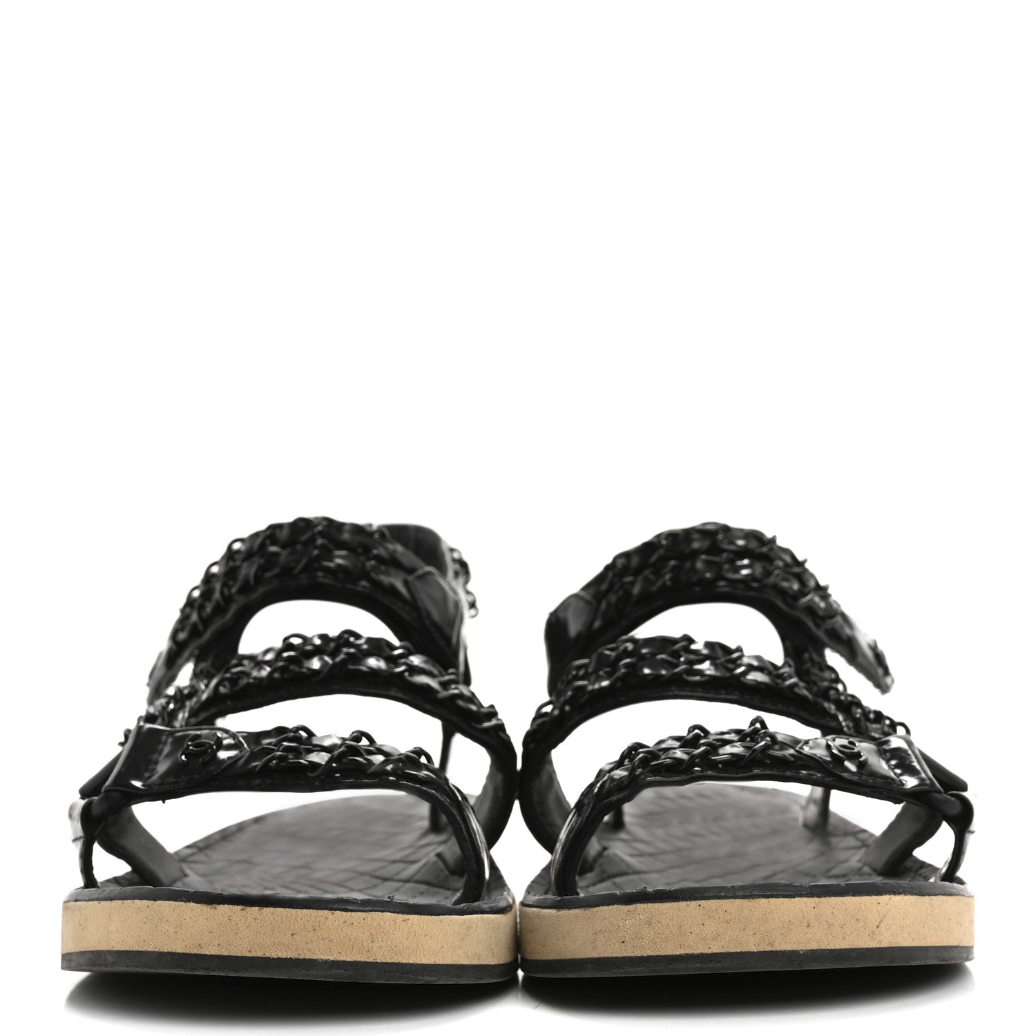 Chanel Laminated Goatskin Chain Sandals 38.5 Black 3 of 12