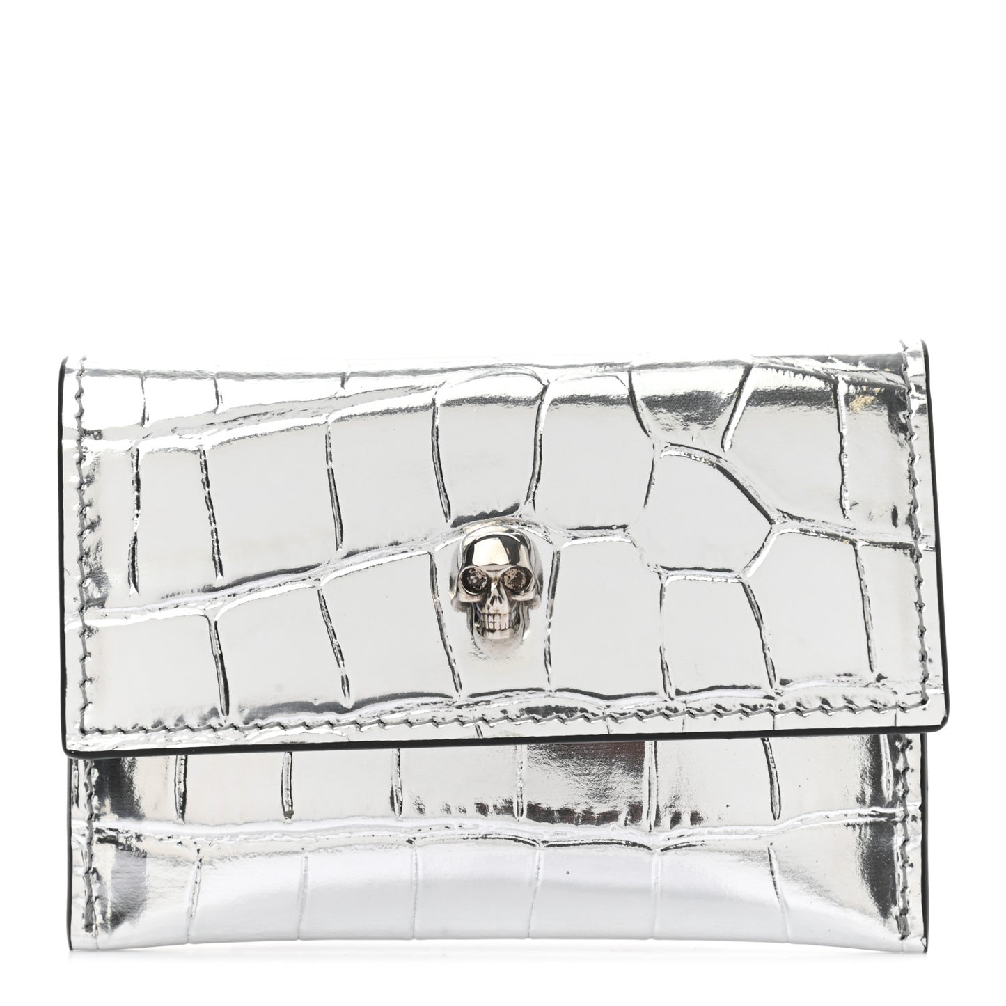 Metallic Calfskin Crocodile Embossed Skull Card Case Silver