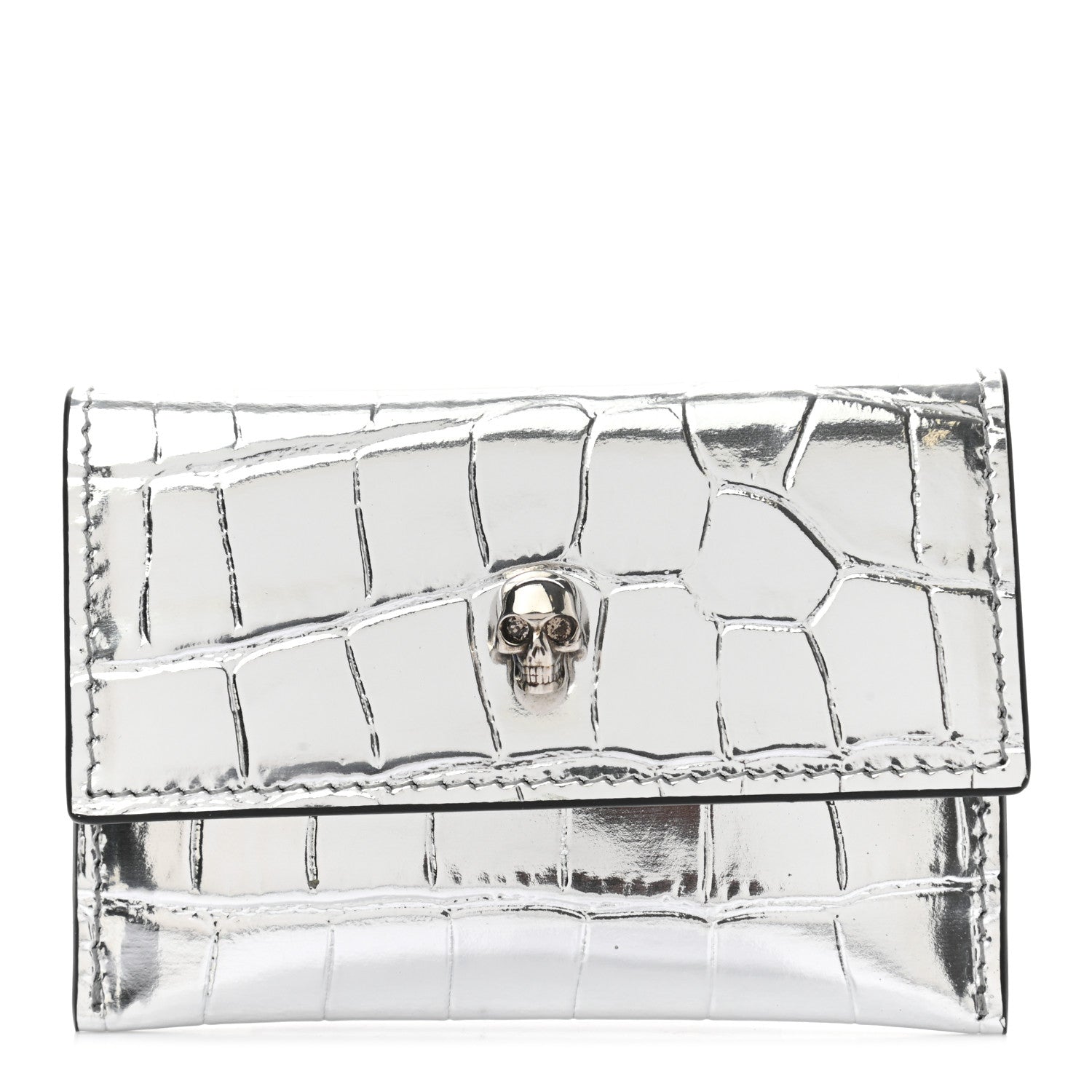 Alexander McQueen Metallic Calfskin Crocodile Embossed Skull Card Case Silver 1 of 8
