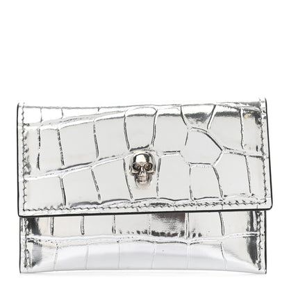 Alexander McQueen Metallic Calfskin Crocodile Embossed Skull Card Case Silver 1 of 8